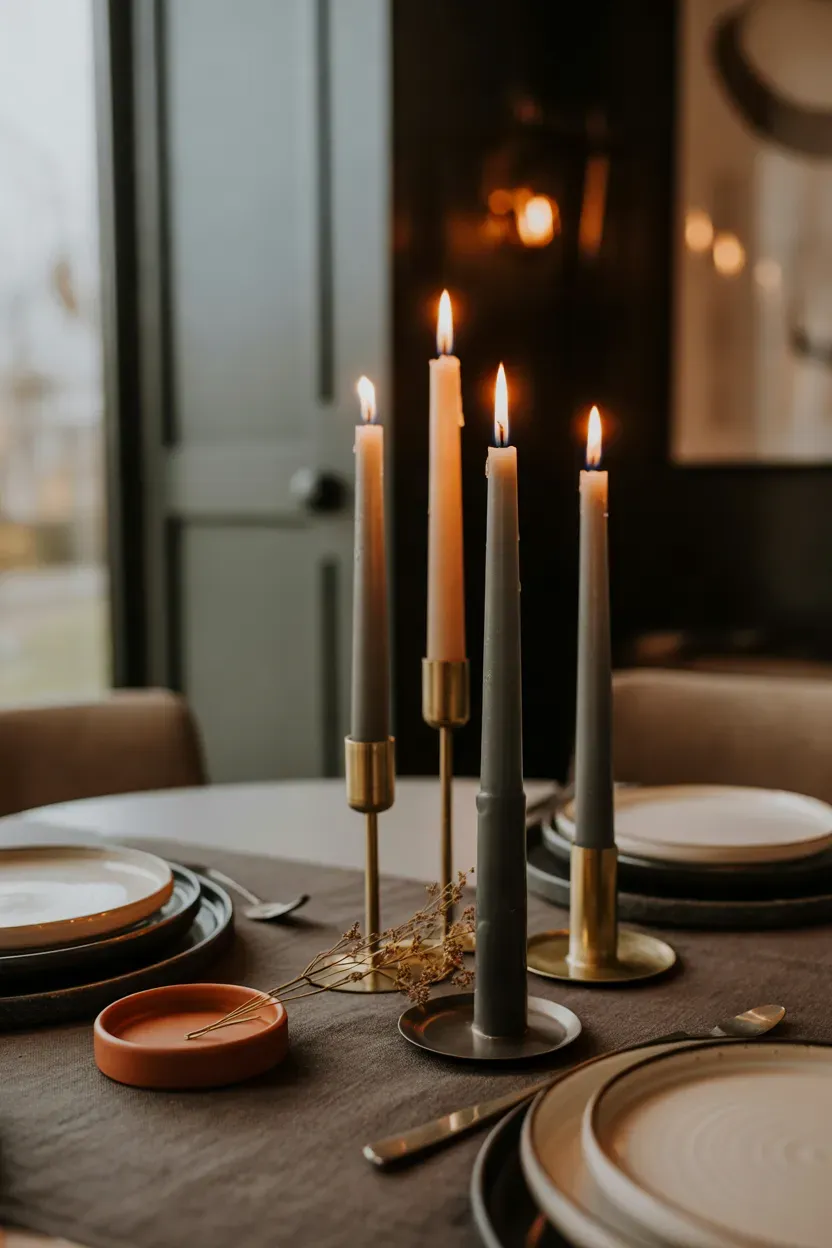 Matte black and brass tapered candles glowing on a modern Thanksgiving dinner table