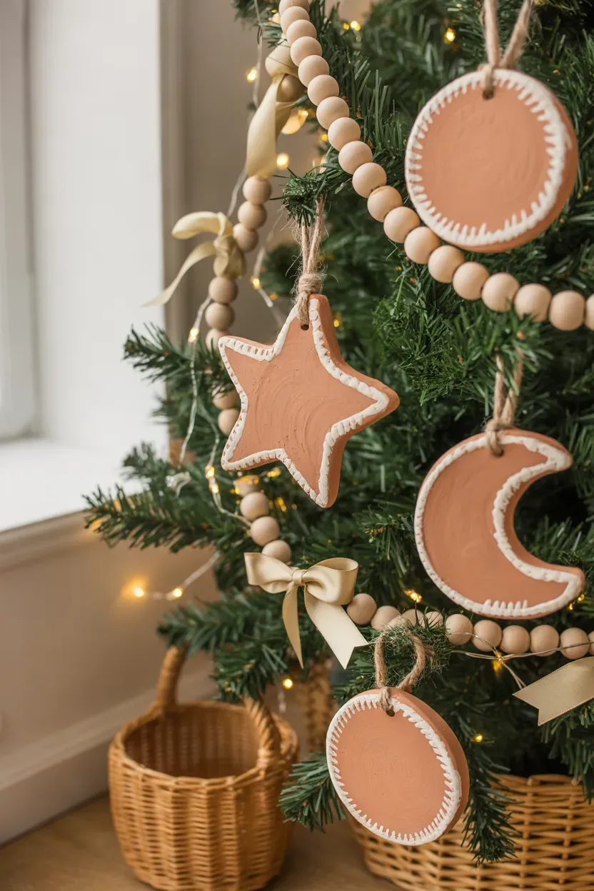 Terracotta clay ornaments with white paint accents hanging on a green Christmas tree
