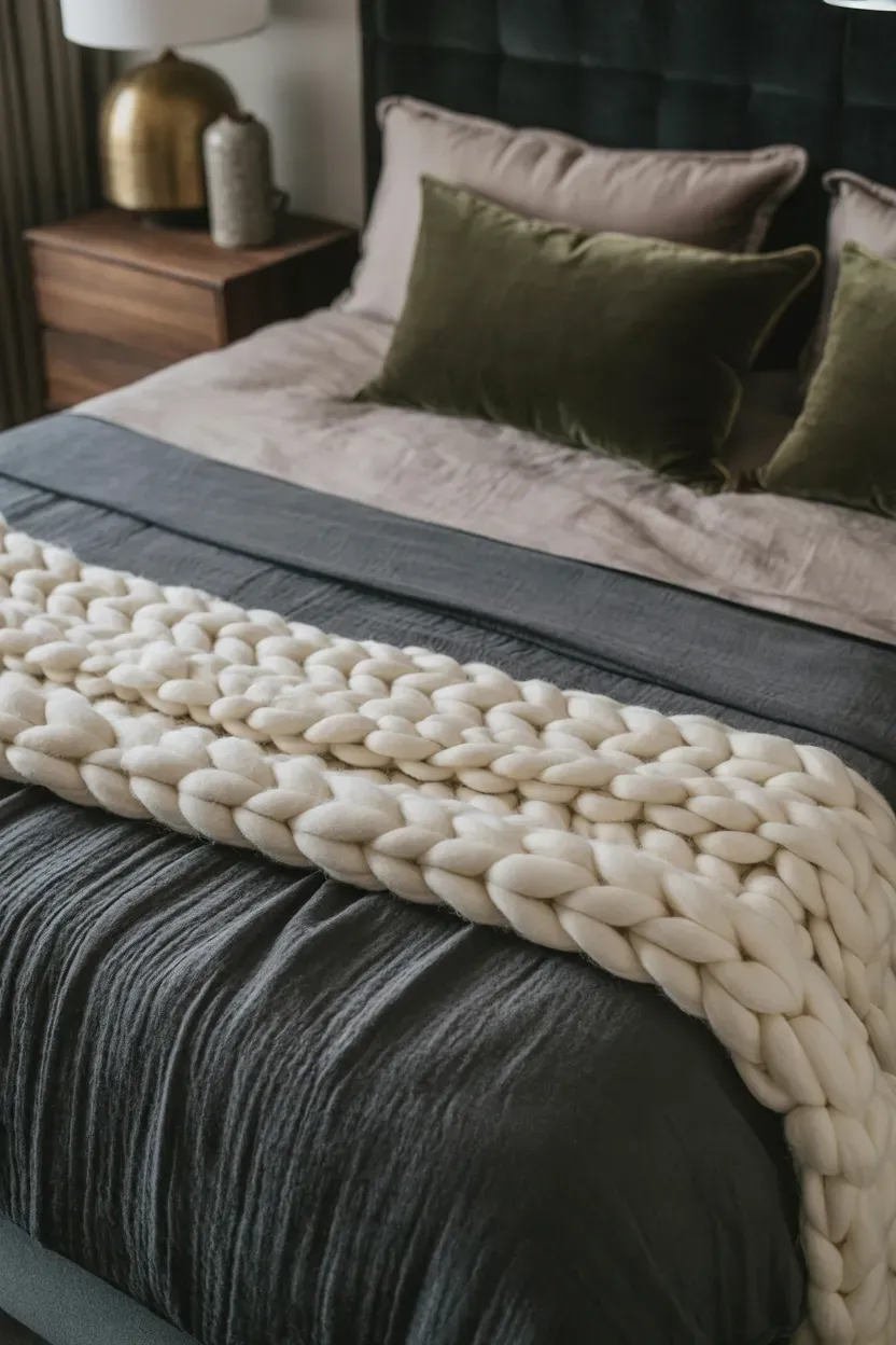 Layered moody bedroom with charcoal linen duvet, chunky cream knit blanket, velvet cushions, and warm walnut accents