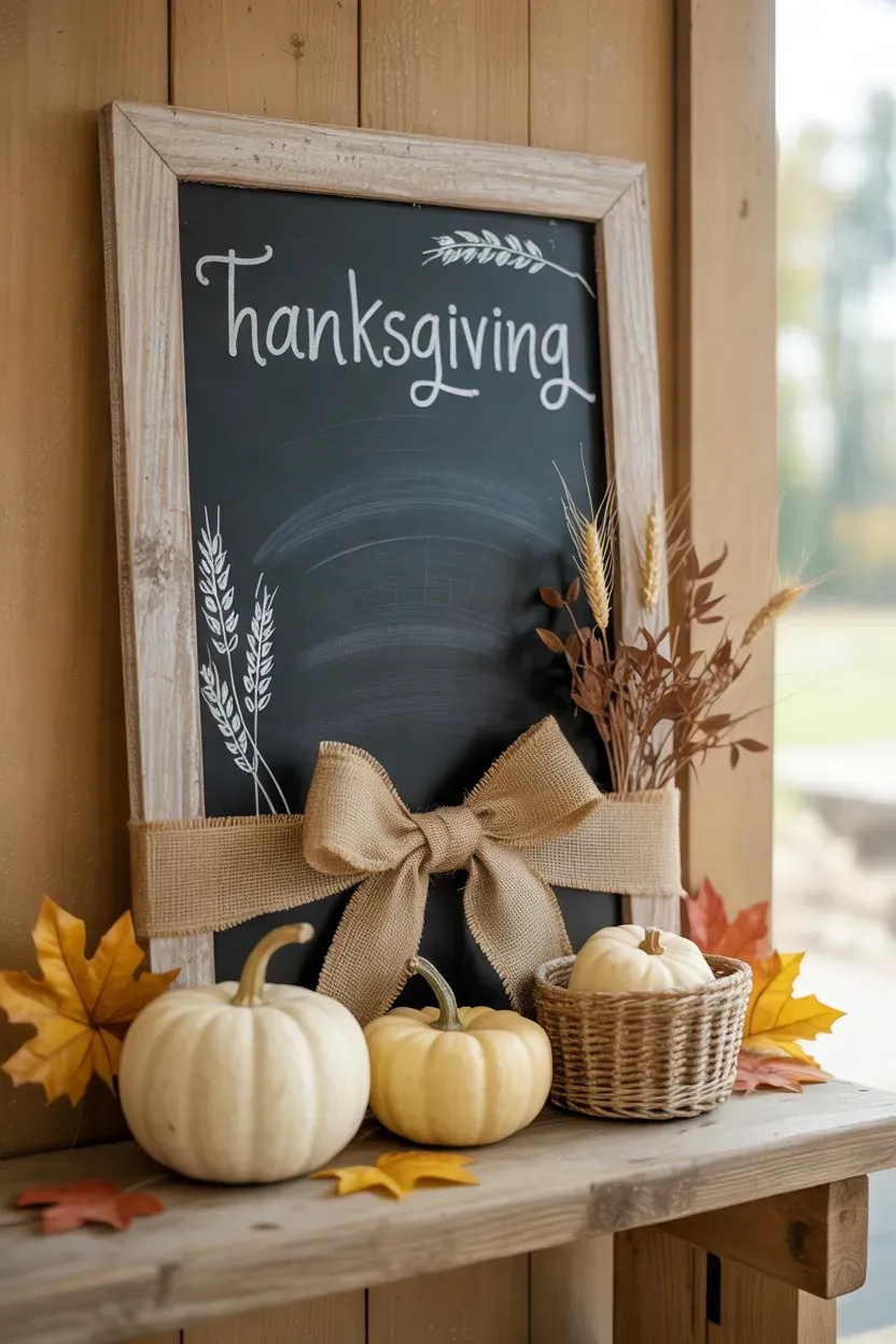 Rustic black chalkboard paired with burlap ribbon pumpkins and autumn foliage