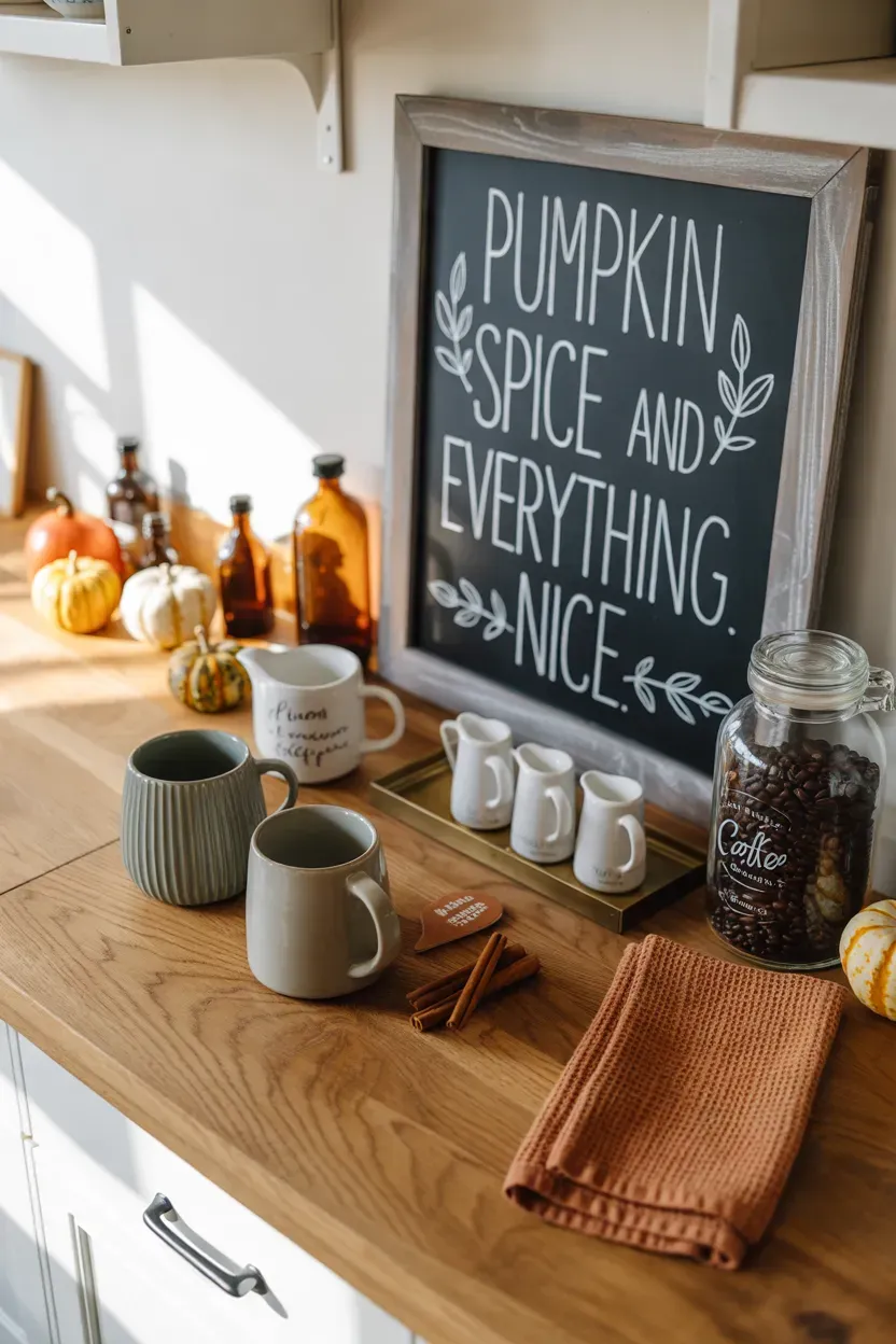 Thanksgiving coffee station with chalkboard menu mugs pumpkins and autumn accents