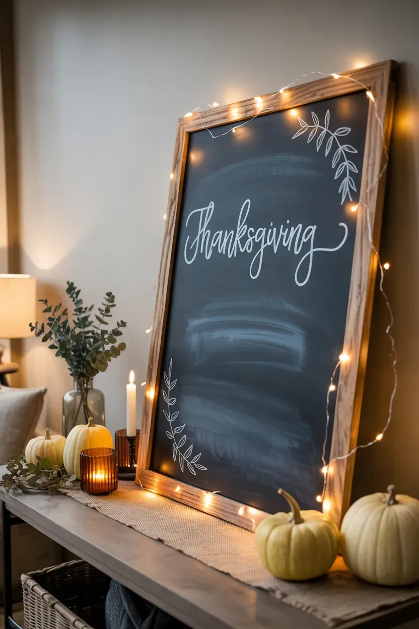 Thanksgiving chalkboard framed with warm fairy lights and miniature autumn pumpkins
