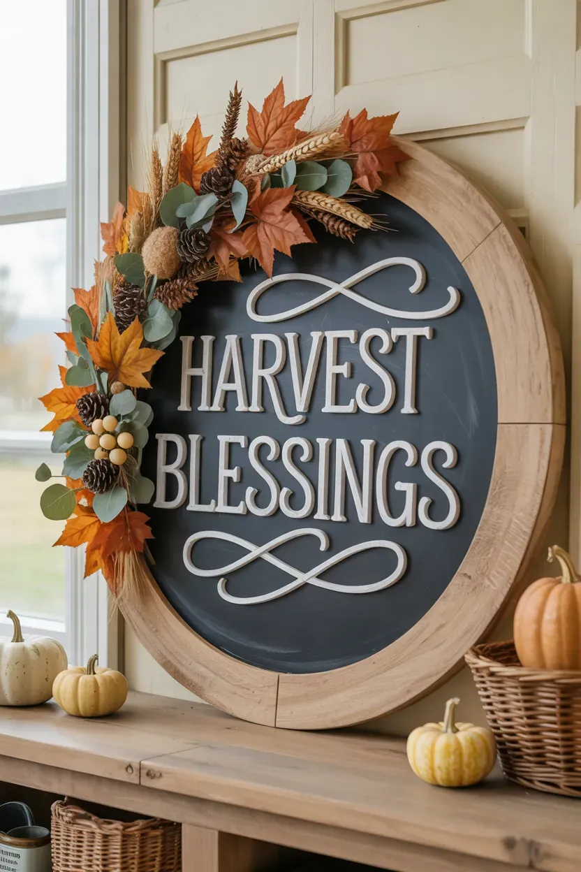 Thanksgiving chalkboard with autumn wreath featuring pumpkins leaves and rustic greenery
