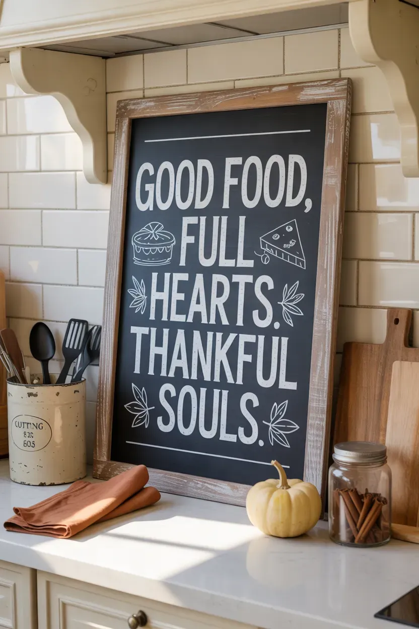 Farmhouse kitchen chalkboard with Thanksgiving quote and cozy autumn countertop decor