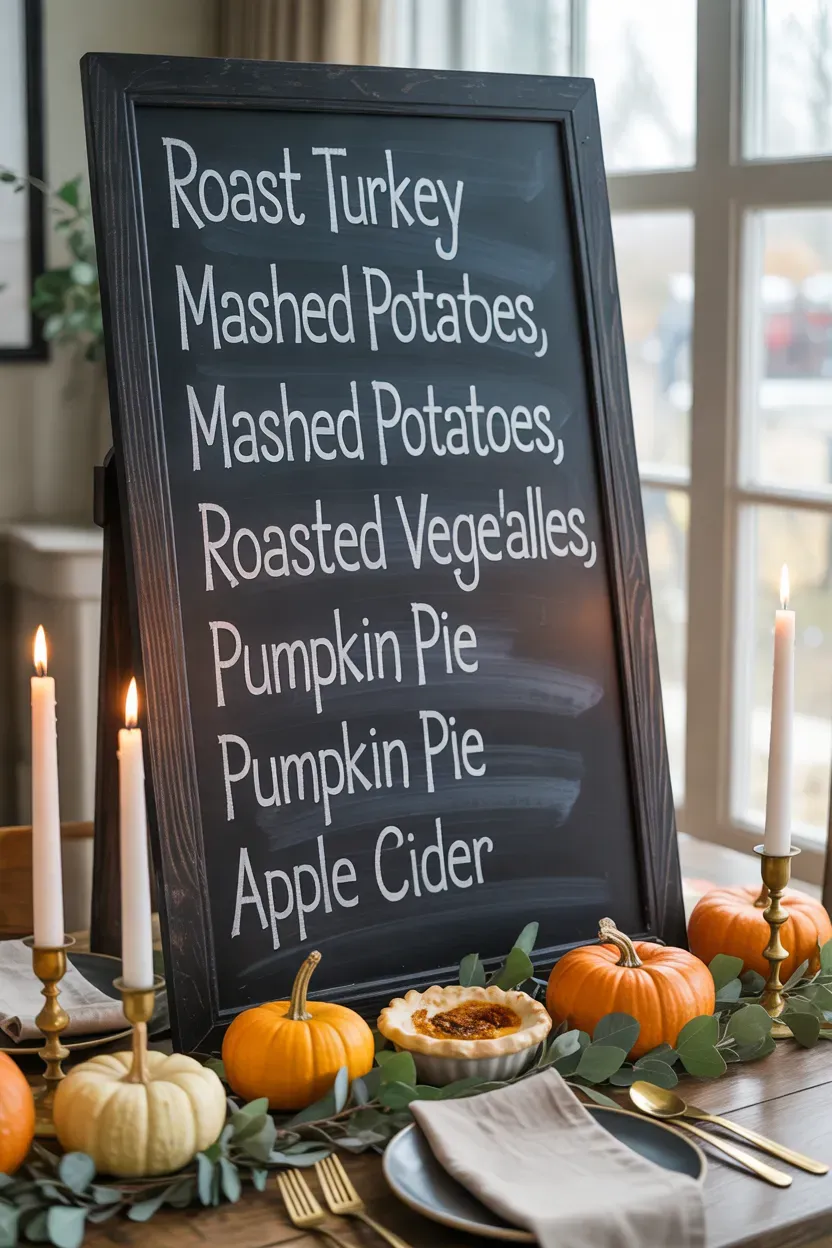 Handwritten Thanksgiving dinner menu on a chalkboard beside autumn table decorations