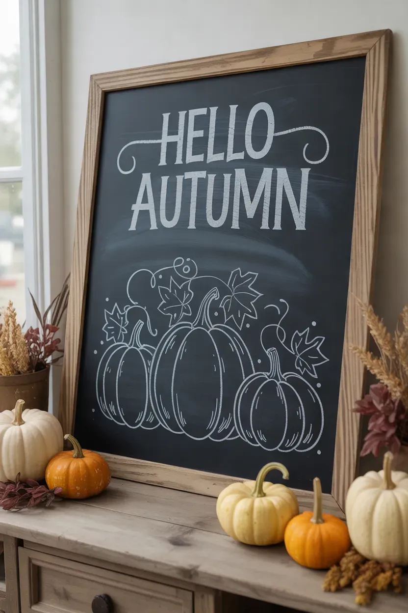 White chalk pumpkin drawings with autumn leaves on a black farmhouse chalkboard