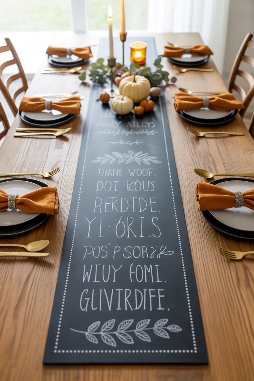 Black chalkboard runner styled with handwritten gratitude notes and autumn table decor