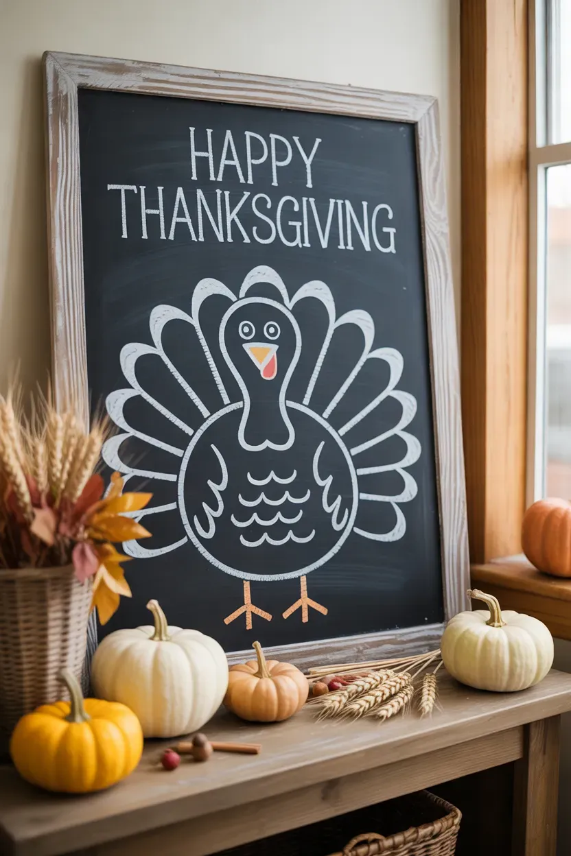Playful white chalk turkey illustration surrounded by pumpkins and autumn decorations