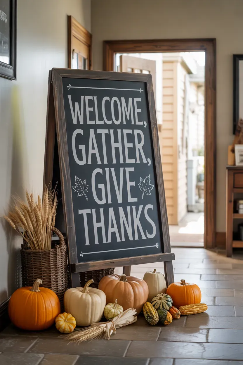 Rustic Thanksgiving welcome chalkboard sign with pumpkins and fall foliage
