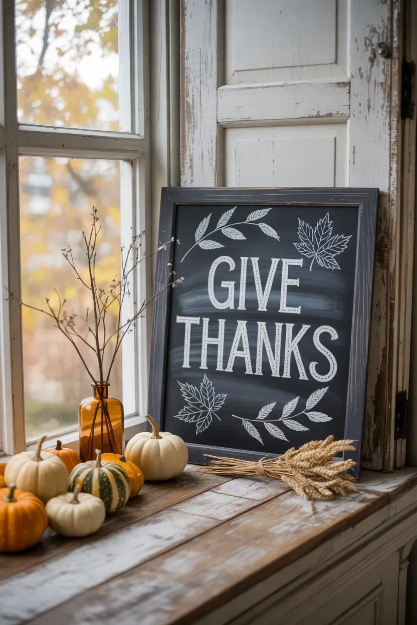 Thanksgiving chalkboard sign displayed beside a rustic window with autumn foliage