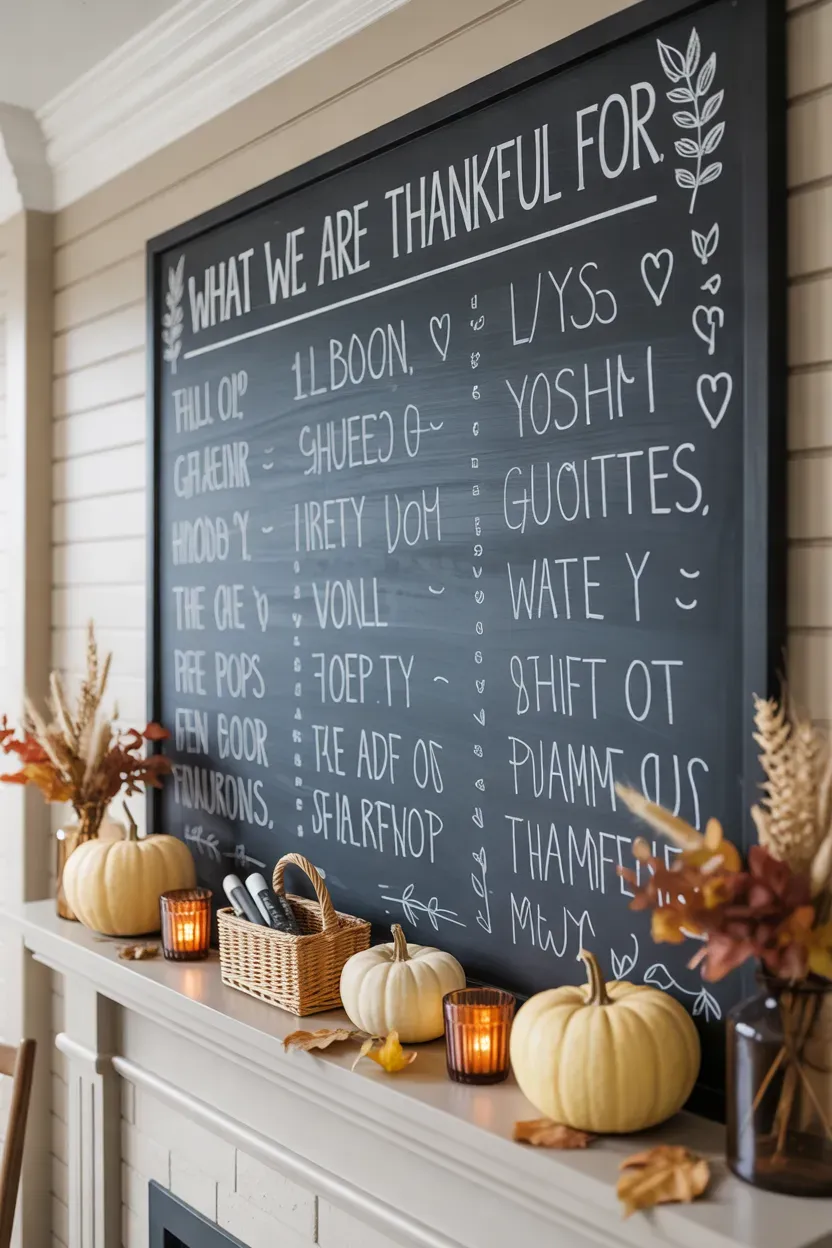 Thanksgiving gratitude chalkboard wall with handwritten notes and autumn decorations