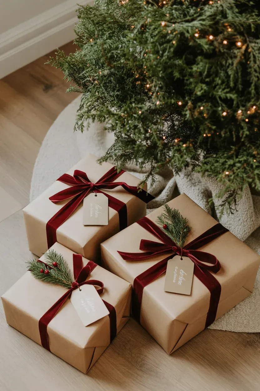 Elegant Christmas gifts wrapped in cream paper with burgundy velvet bows and natural evergreen sprigs