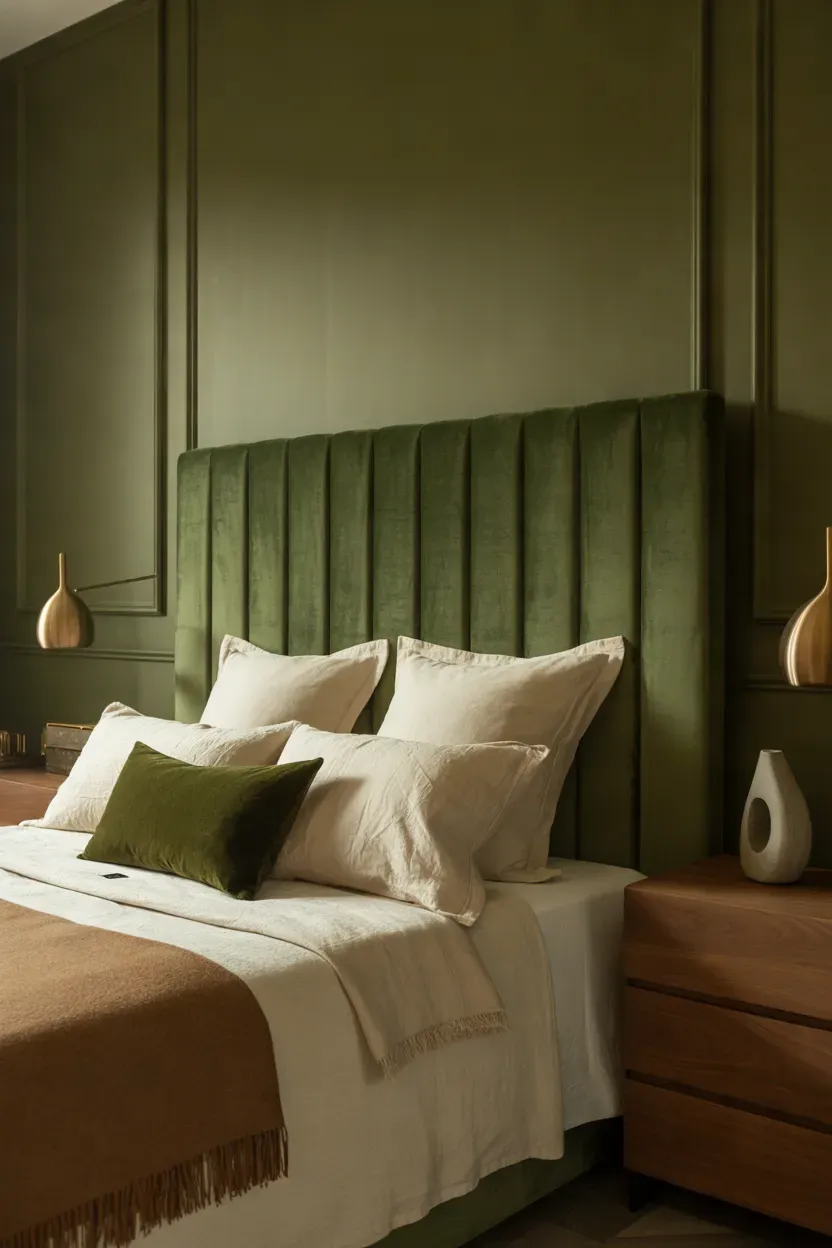 Elegant moody bedroom with forest green velvet headboard, soft cream bedding, walnut nightstands, and brass sconces