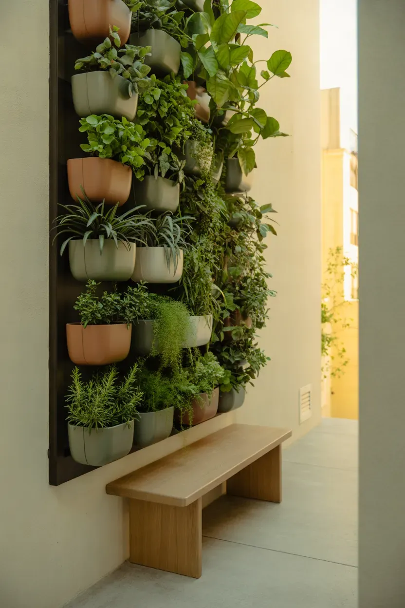 Compact apartment balcony featuring lush vertical greenery and space-saving planters