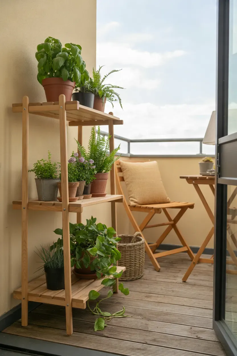 Small apartment balcony with a tiered wooden plant stand and compact leafy potted plants