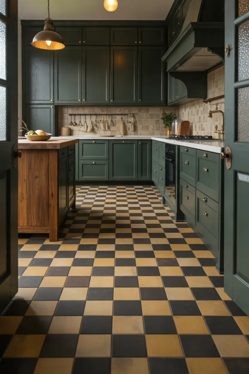Moody farmhouse kitchen with cream and charcoal checkerboard flooring, dark cabinets, and oak accents
