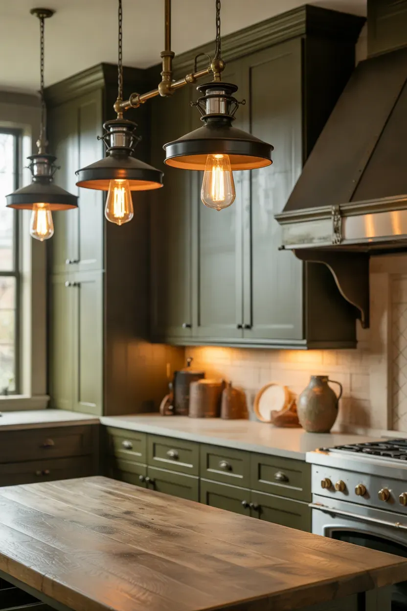 Moody farmhouse kitchen with vintage black pendant lights, dark cabinets, and reclaimed wood island