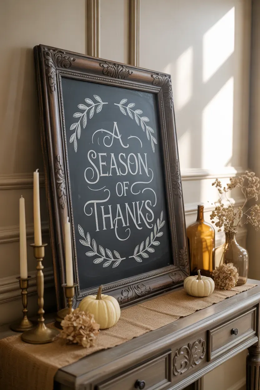 Vintage framed chalkboard with elegant Thanksgiving lettering and antique autumn accents