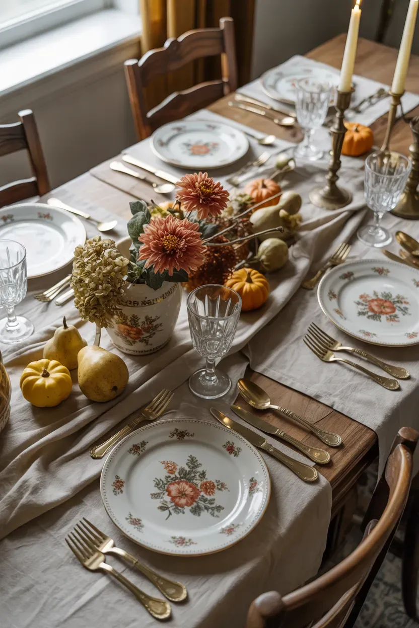 Vintage Thanksgiving table with floral porcelain plates, antique silverware, linen napkins, and autumn flowers