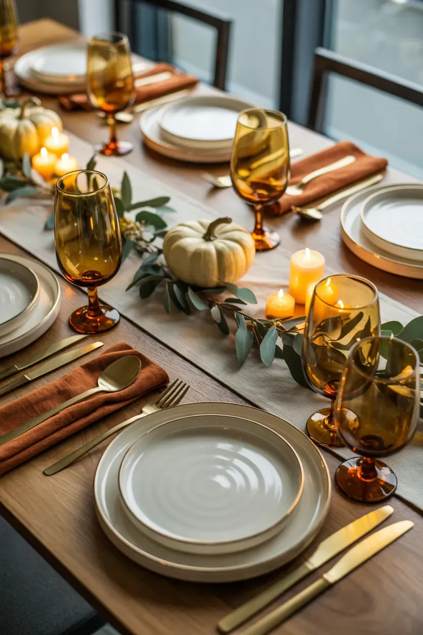 Amber glassware with cream plates, brass flatware, linen napkins, and glowing candlelight on a Thanksgiving table