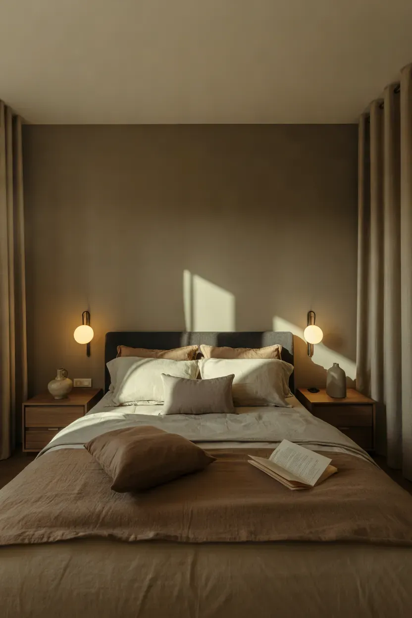 Relaxing dark bedroom illuminated by warm bedside lamps, soft wall sconces, layered bedding, and gentle golden light