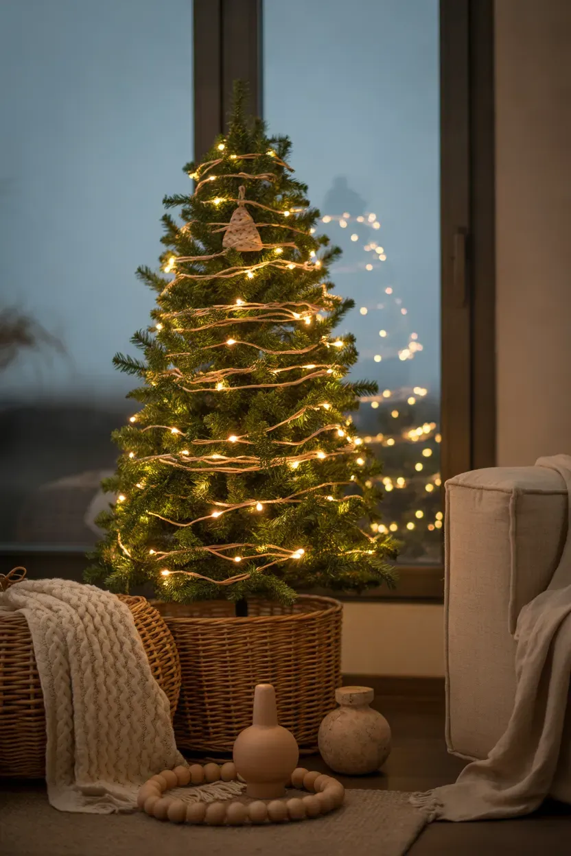 Warm white fairy lights glowing on a Christmas tree beside a rattan basket