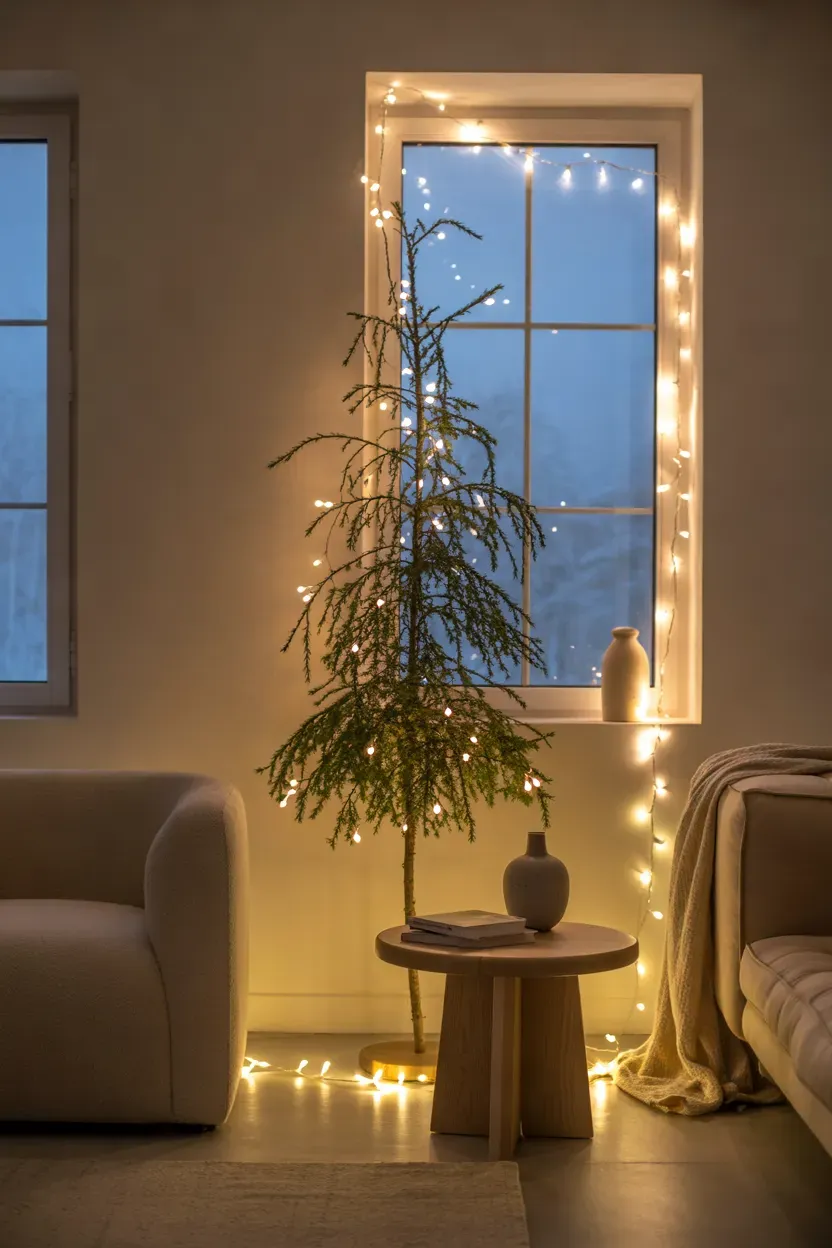 Warm white Christmas fairy lights glowing around a simple tree and neutral living room window