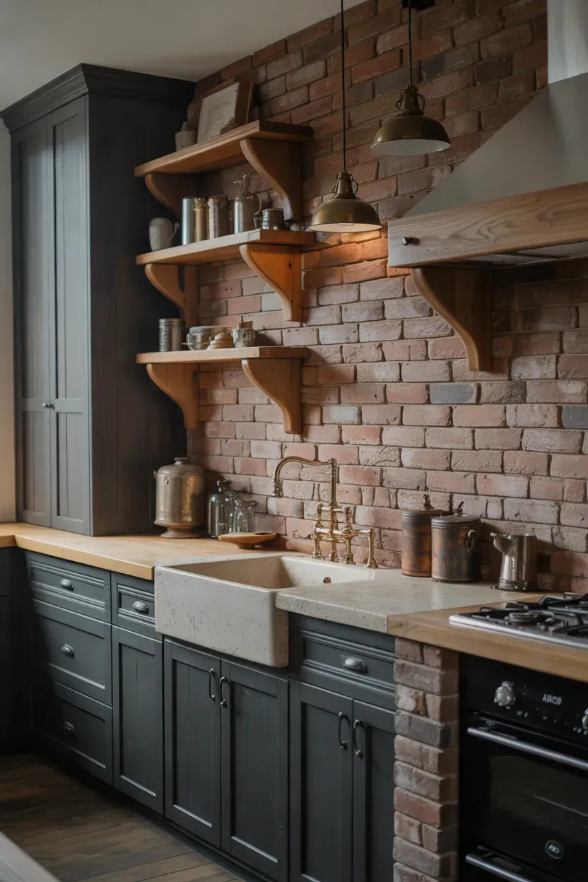 Moody farmhouse kitchen with weathered brick backsplash, charcoal cabinets, and rustic wooden shelves