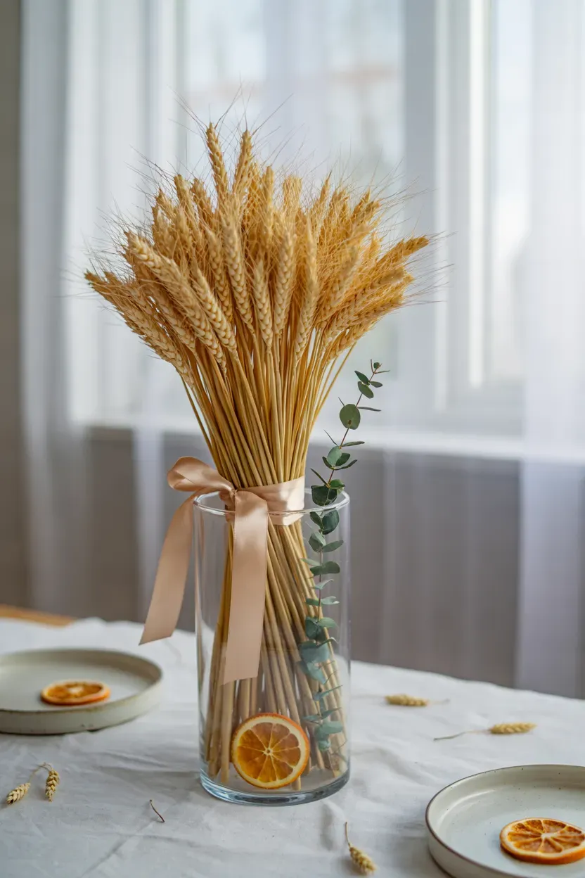 Tall glass cylinder vase holding a tied bundle of golden wheat with eucalyptus at the base