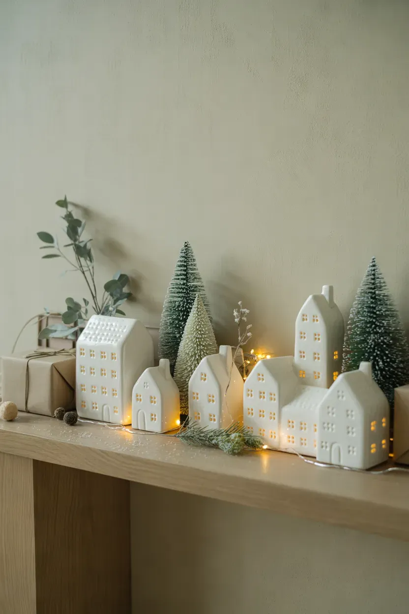 White ceramic Christmas village houses glowing softly on a decorated wooden console