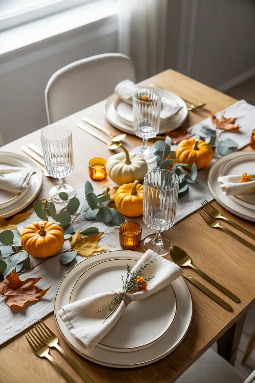 White and orange Thanksgiving table with ivory plates, orange pumpkins, cream linens, and autumn leaves