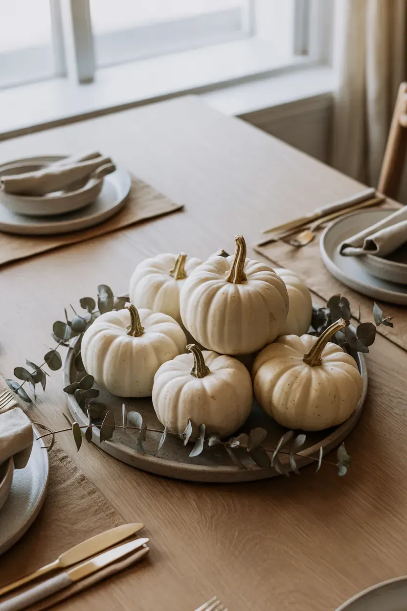 Three matte white pumpkins of varied heights on a neutral modern Thanksgiving table
