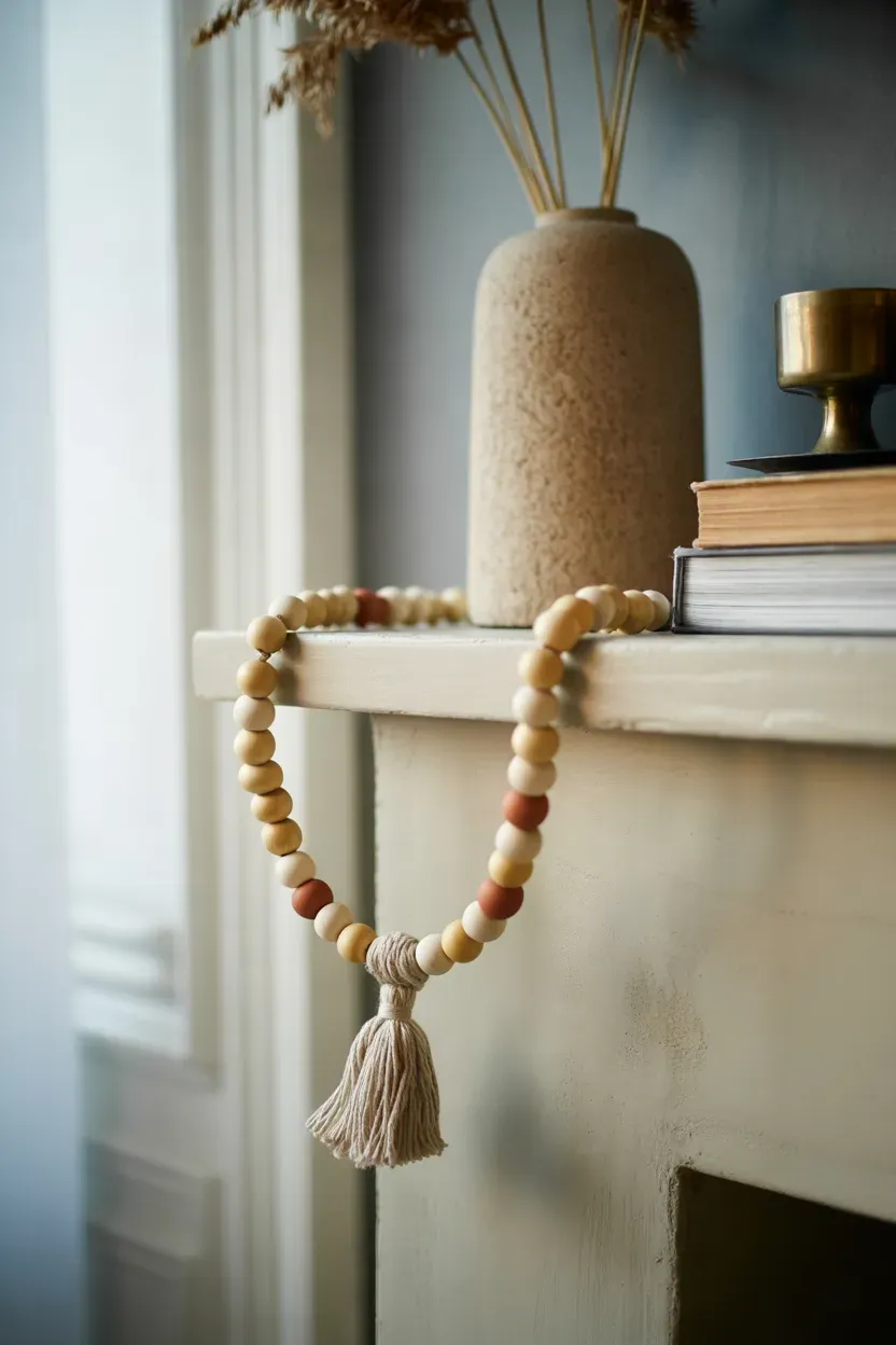 Natural wood bead garland with cotton tassel draped across a white fireplace mantel