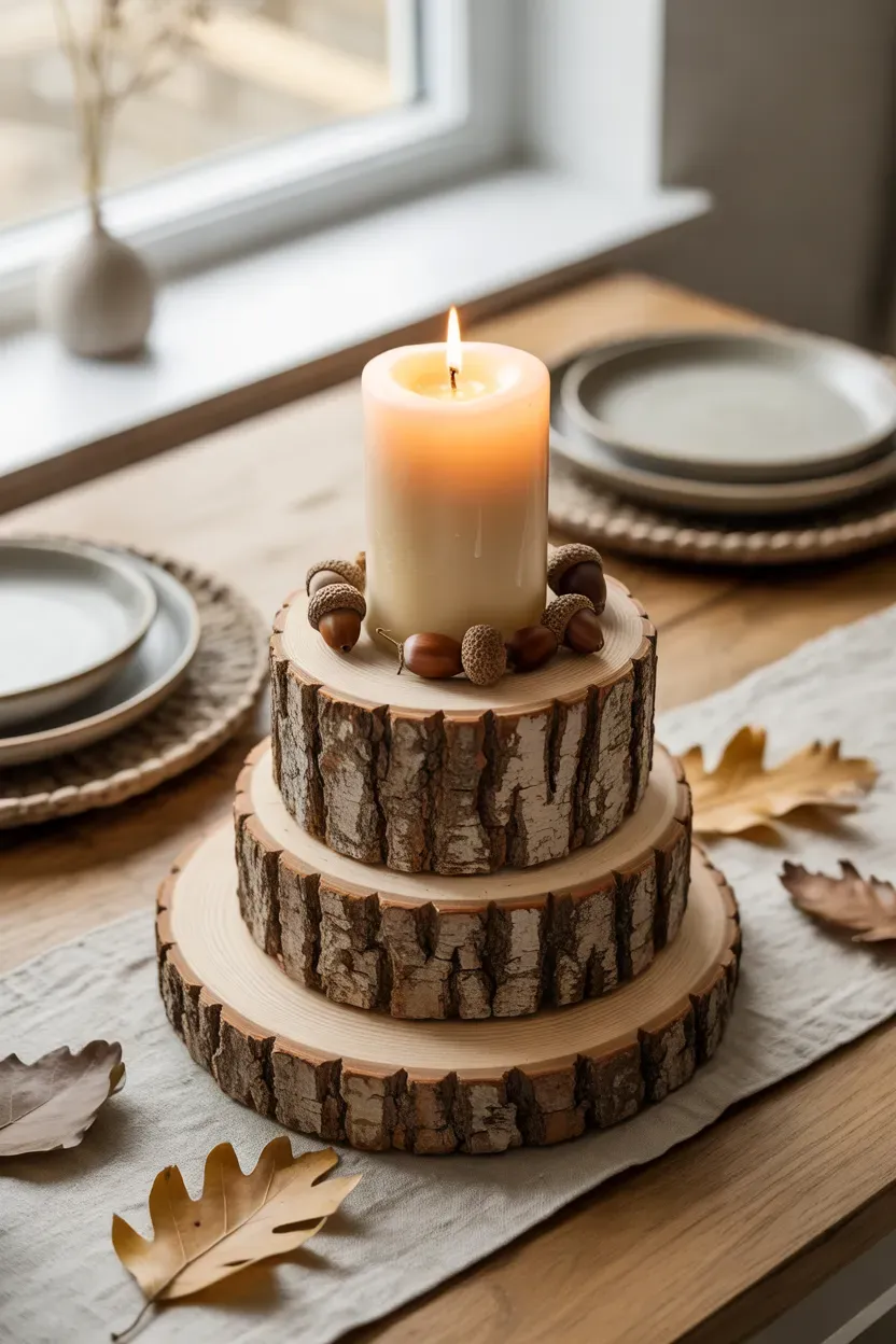 Stacked birch wood slices holding a cream pillar candle with acorns on a Thanksgiving table