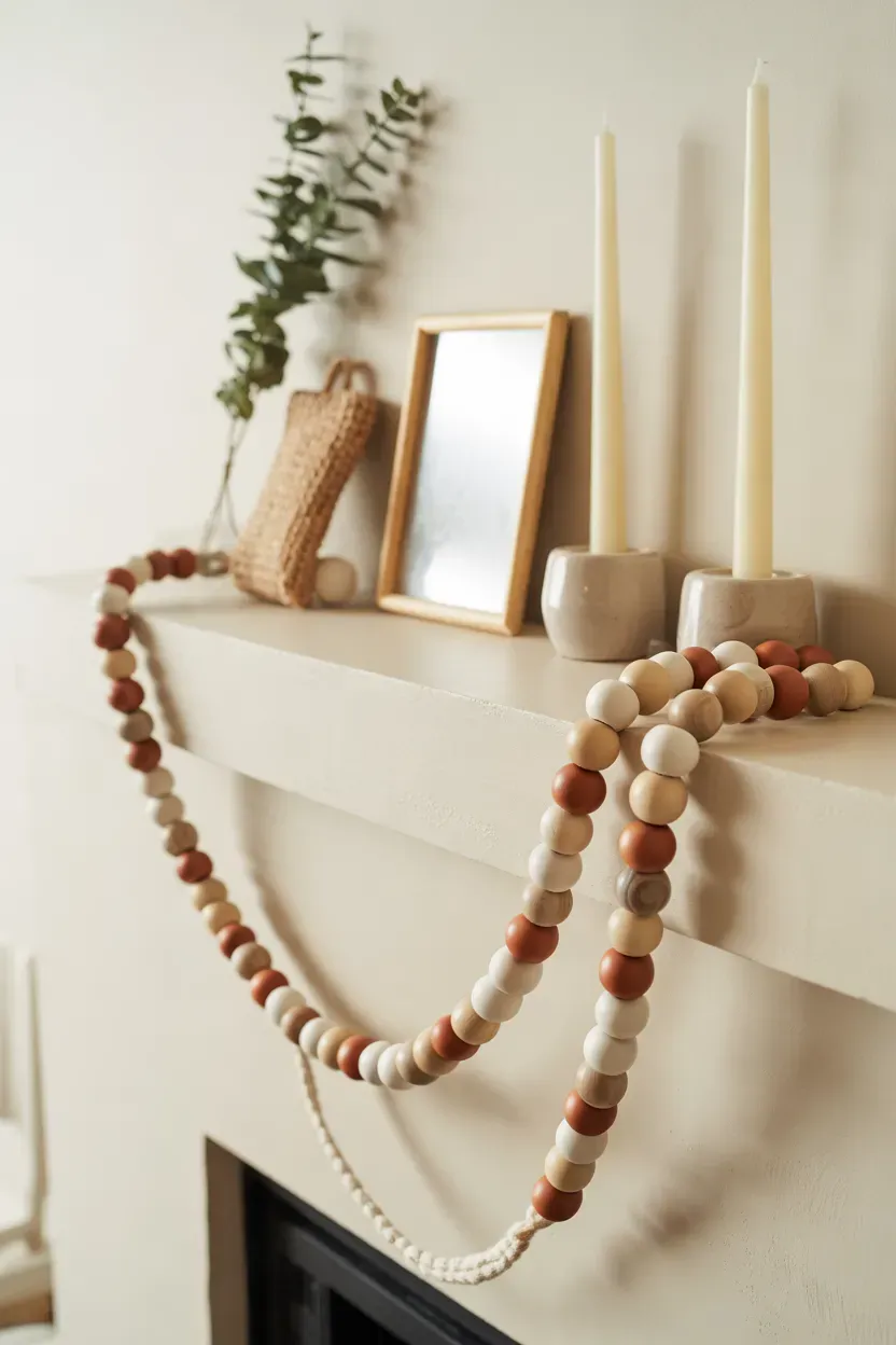 Natural and terracotta wooden bead garland draped over a white mantel with greenery