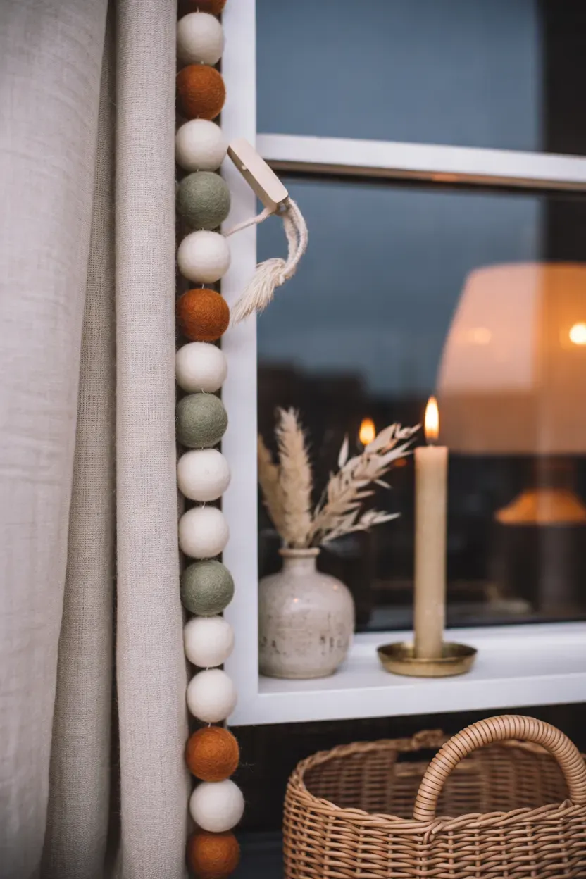 Cream, rust and sage wool felt ball garland draped around a window frame