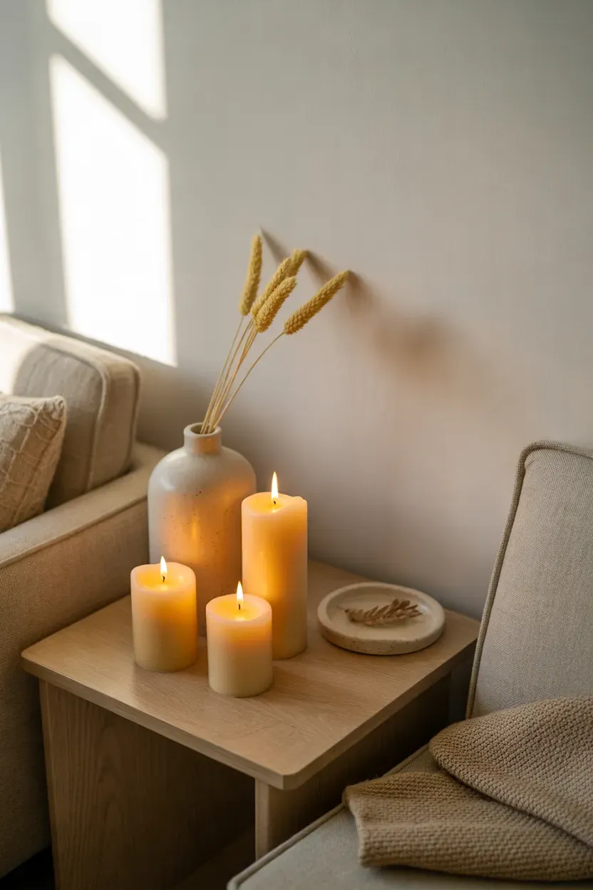 Natural woven baskets holding cream blankets beside a beige autumn sofa