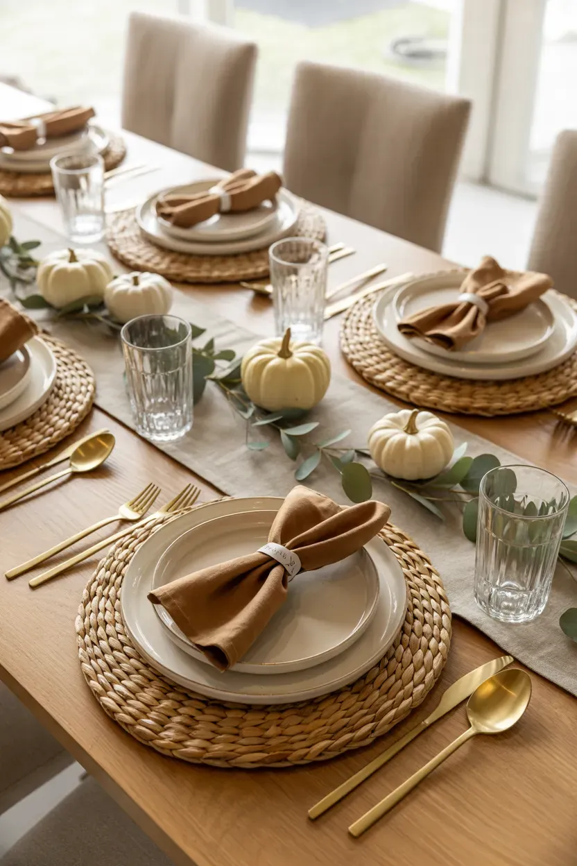 Natural woven chargers beneath ivory plates with brown linen napkins and autumn table accents