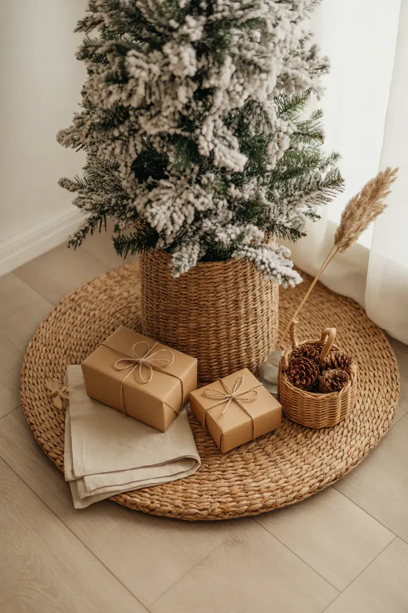 Seagrass tree collar around a Christmas tree base with kraft wrapped gifts on a wooden floor